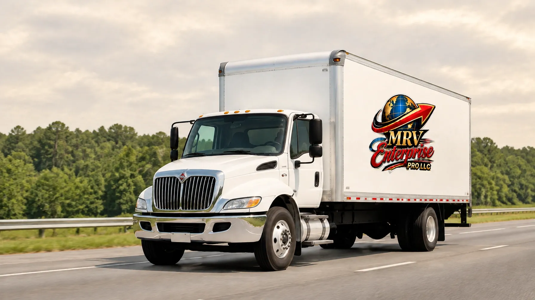 MRV Enterprise Pro LLC’s branded white box truck on a Southeast highway